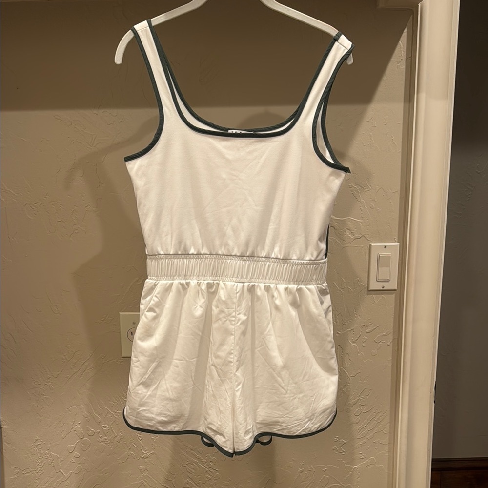 White Athletic Romper with Dark Green Piping